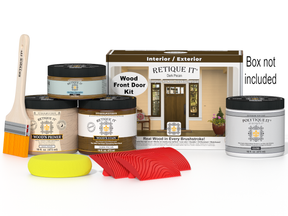 Retique It® Wood'n Finish dark pecan front door stain kit with staining tools, suitable for wood door finishing projects.
