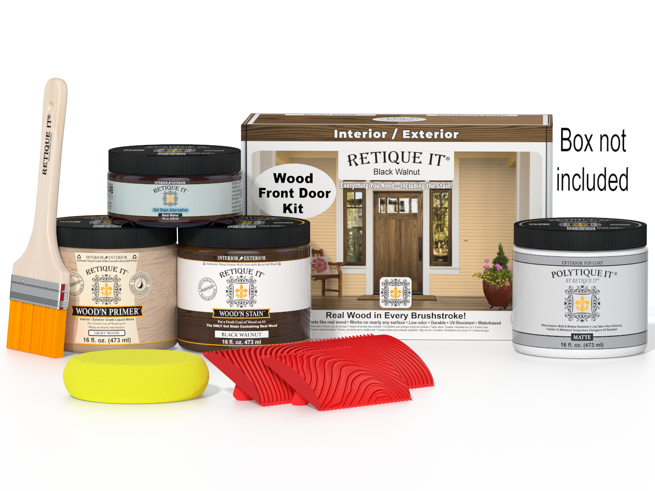 Retique It® Wood'n Finish Black Walnut front door stain kit with stain bottles and applicator tools for wood finishing.