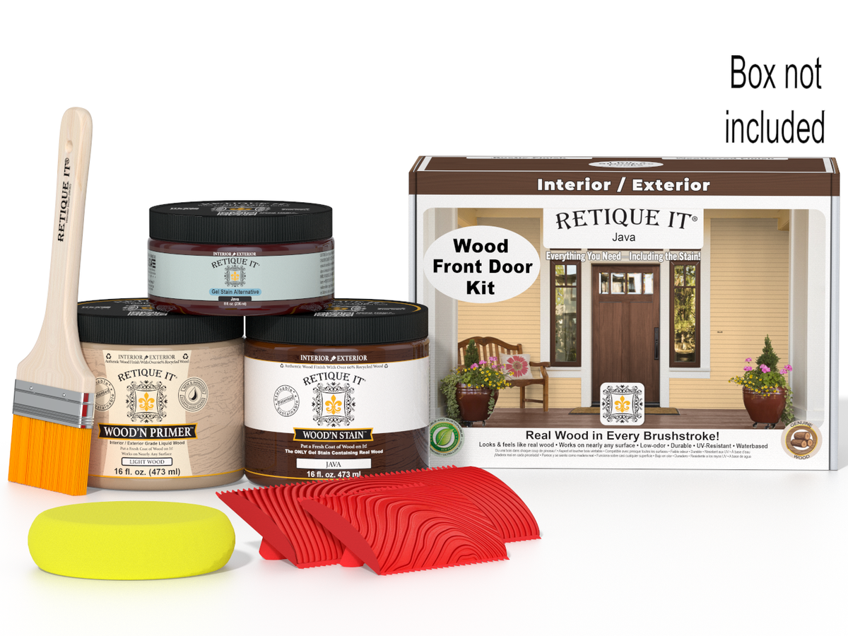 Retique It® Wood'n Finish front door kit in Java stain, includes stains and supplies for door finishing.