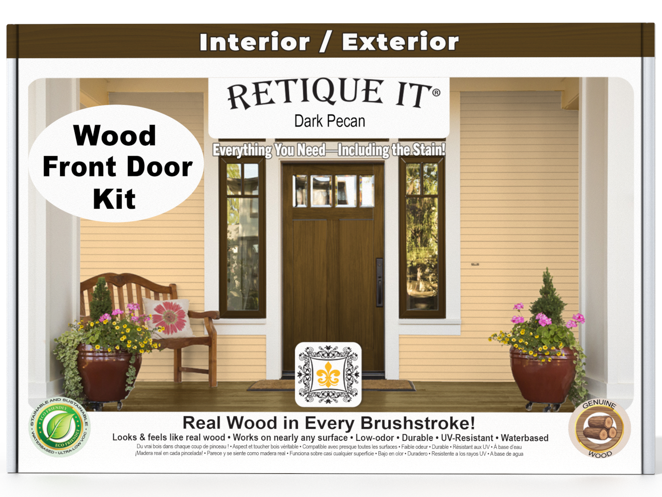 Retique It® Wood'n Finish Front Door Kit in Dark Pecan stain, showcasing a prepared wooden door with rich, dark finish details.
