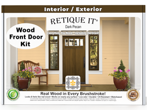 Retique It® Wood'n Finish Front Door Kit in Dark Pecan stain, showcasing a prepared wooden door with rich, dark finish details.