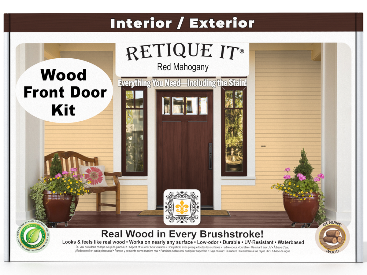 Retique It® Wood'n Finish front door kit in Red Mahogany stain, showing a detailed view of the stained wooden door panel.