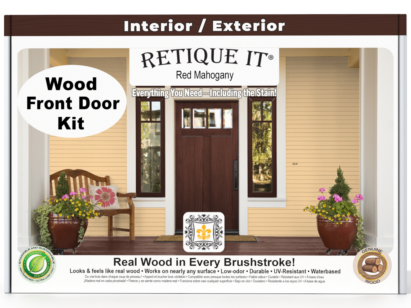 Retique It® Wood'n Finish front door kit in Red Mahogany stain, showing a detailed view of the stained wooden door panel.