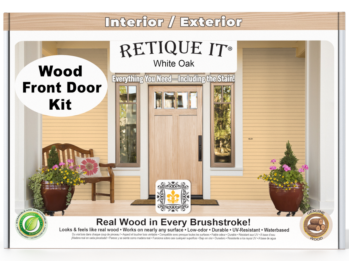 Retique It® Wood'n Finish White Oak front door kit with stain, featuring a white oak door and hardware for a stylish entrance.