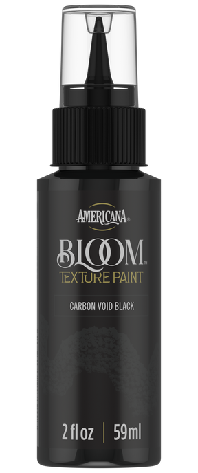 DecoArt Bloom Texture Paint in Carbon Void Black, showing front view with textured black finish on a smooth surface.