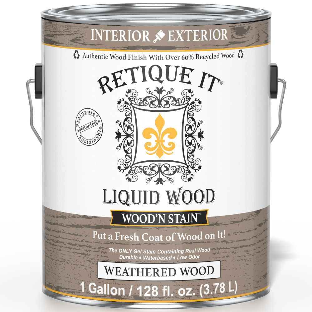 Retique It Liquid Wood Wood'n Stain in weathered wood finish, 128 oz bottle, shown in a front view with stained wood surface.