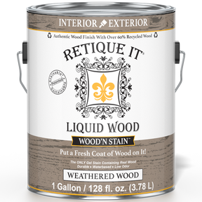 Retique It Liquid Wood Wood'n Stain in weathered wood finish, 128 oz bottle, shown in a front view with stained wood surface.