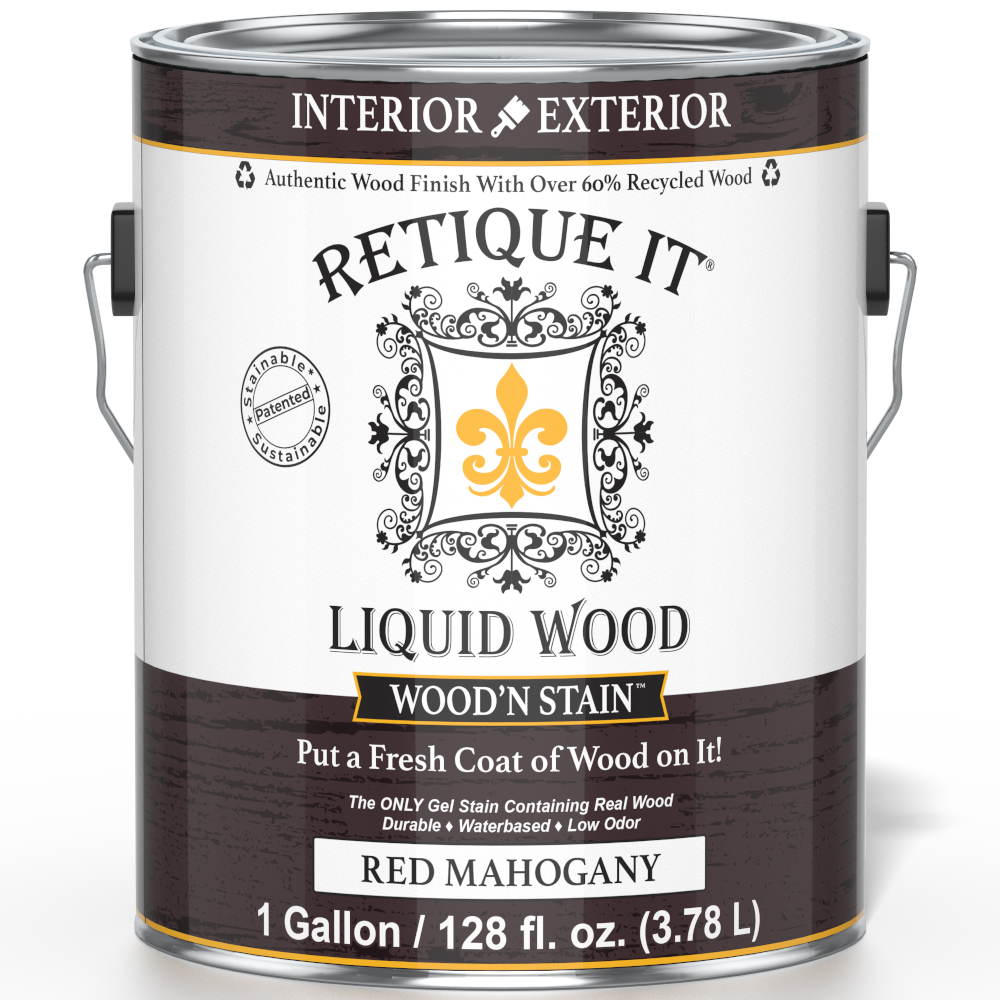 Liquid Wood Wood'n Stain by Retique It in Red Mahogany, 128 oz, showing the stain container with red mahogany color and product label.
