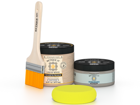 Retique It® Weathered Wood Multipurpose Kit contents with Liquid Wood primer, Weathered Wood gel stain alternative, paintbrush, and yellow sponge.