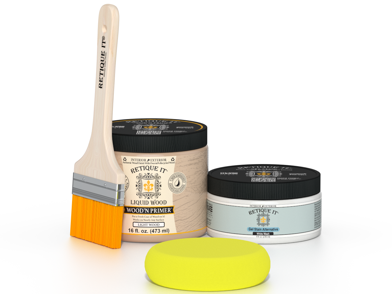 Retique It® White Wash Multipurpose Kit contents with Liquid Wood primer, White Wash gel stain alternative, paintbrush, and yellow sponge.