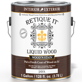 Liquid Wood Wood'n Stain by Retique It in Java color, 128 oz, showing the front label and product packaging for wood stain application.