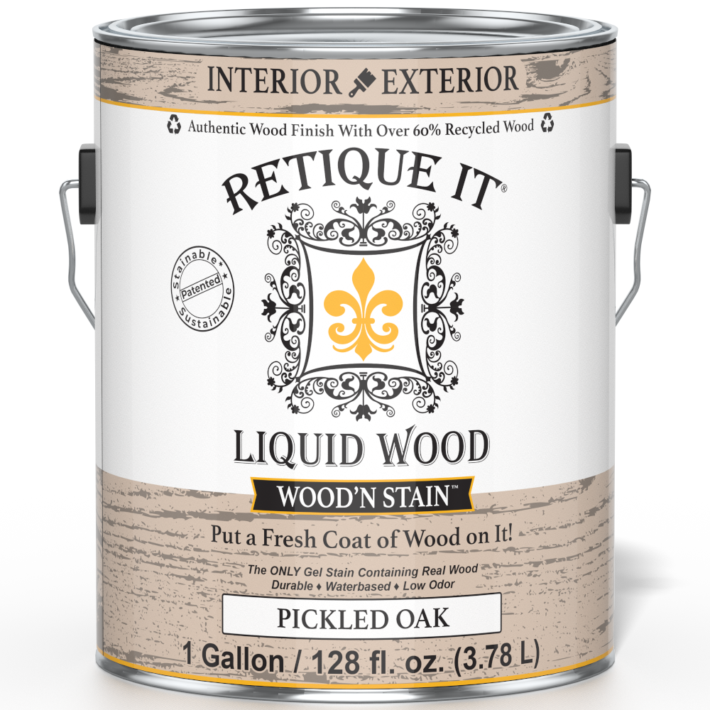 Retique It Liquid Wood Wood'n Stain in Pickled Oak, 128 oz, showing the front view of the stain container with label details.