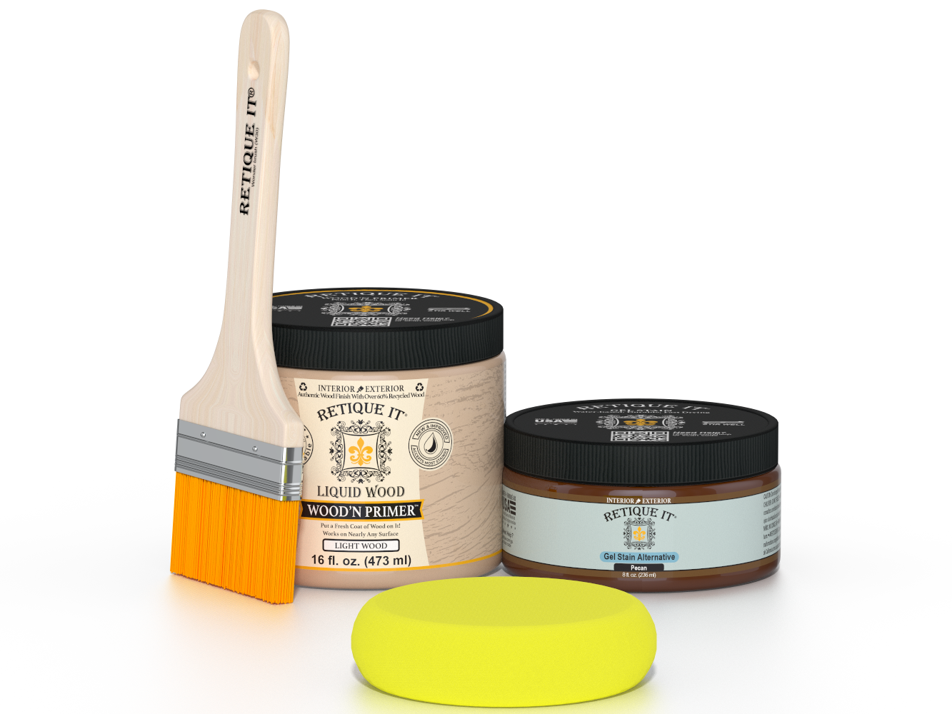 Retique It® Pecan Multipurpose Kit contents with Light Wood Liquid Wood primer, Pecan gel stain alternative, paintbrush, and yellow sponge.