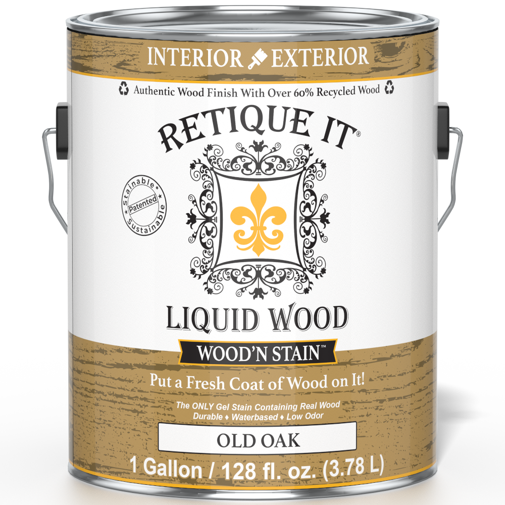 Retique It Liquid Wood Wood'n Stain in Old Oak, 128 oz, showcasing the front view of the stain container with branding and product label.