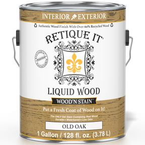 Retique It Liquid Wood Wood'n Stain in Old Oak, 128 oz, showcasing the front view of the stain container with branding and product label.