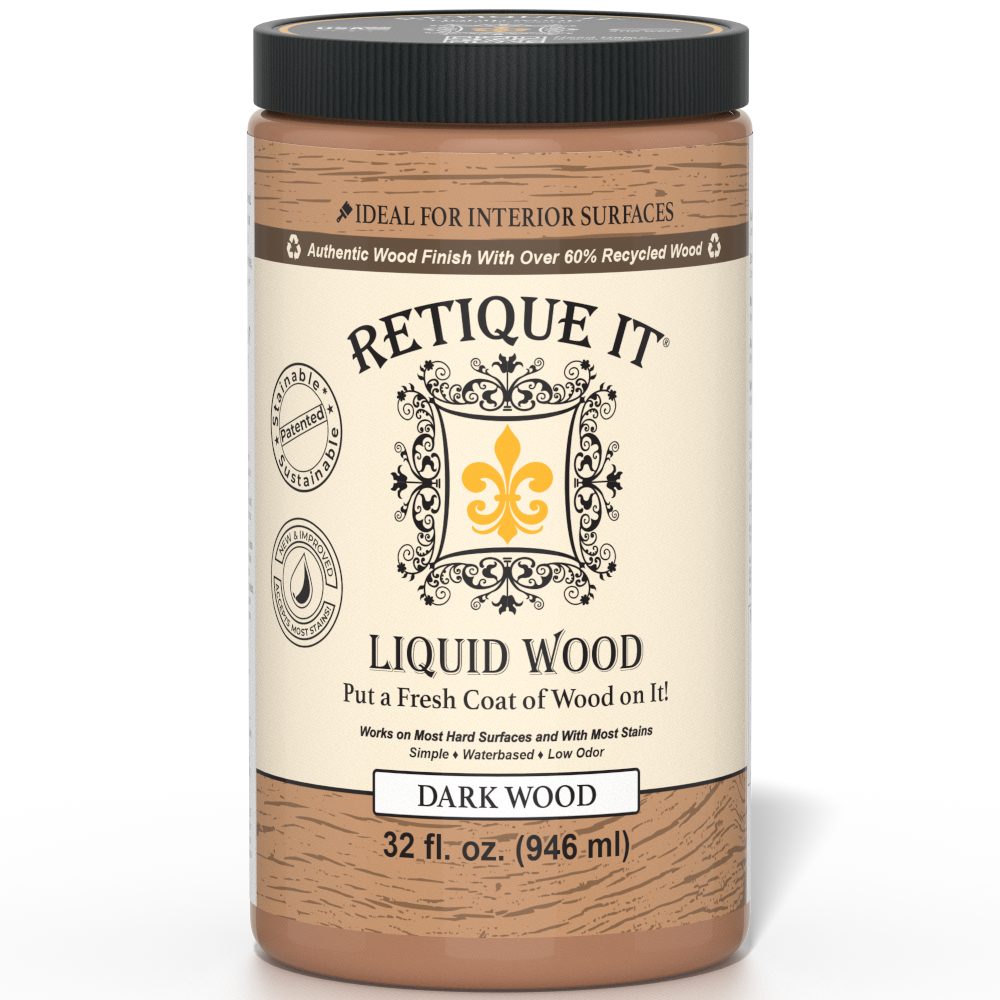 Retique It® Liquid Wood interior paint in 32oz dark finish, shown on a wooden surface with a smooth, even application.