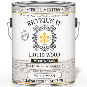 Retique It Liquid Wood Wood'n Stain in White Wash, 128 oz, showing the front of the stain bottle with product label.