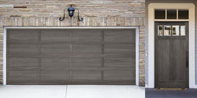 Retique It Wood'n Finish Kit in Harbor Gray for exterior wood, showing textured garage door with gray wood-grain finish.