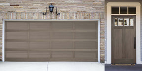 Retique It Multi-purpose Smooth Finish Kit in Harbor Gray for exterior wood surfaces, featuring a garage door with smooth gray finish.