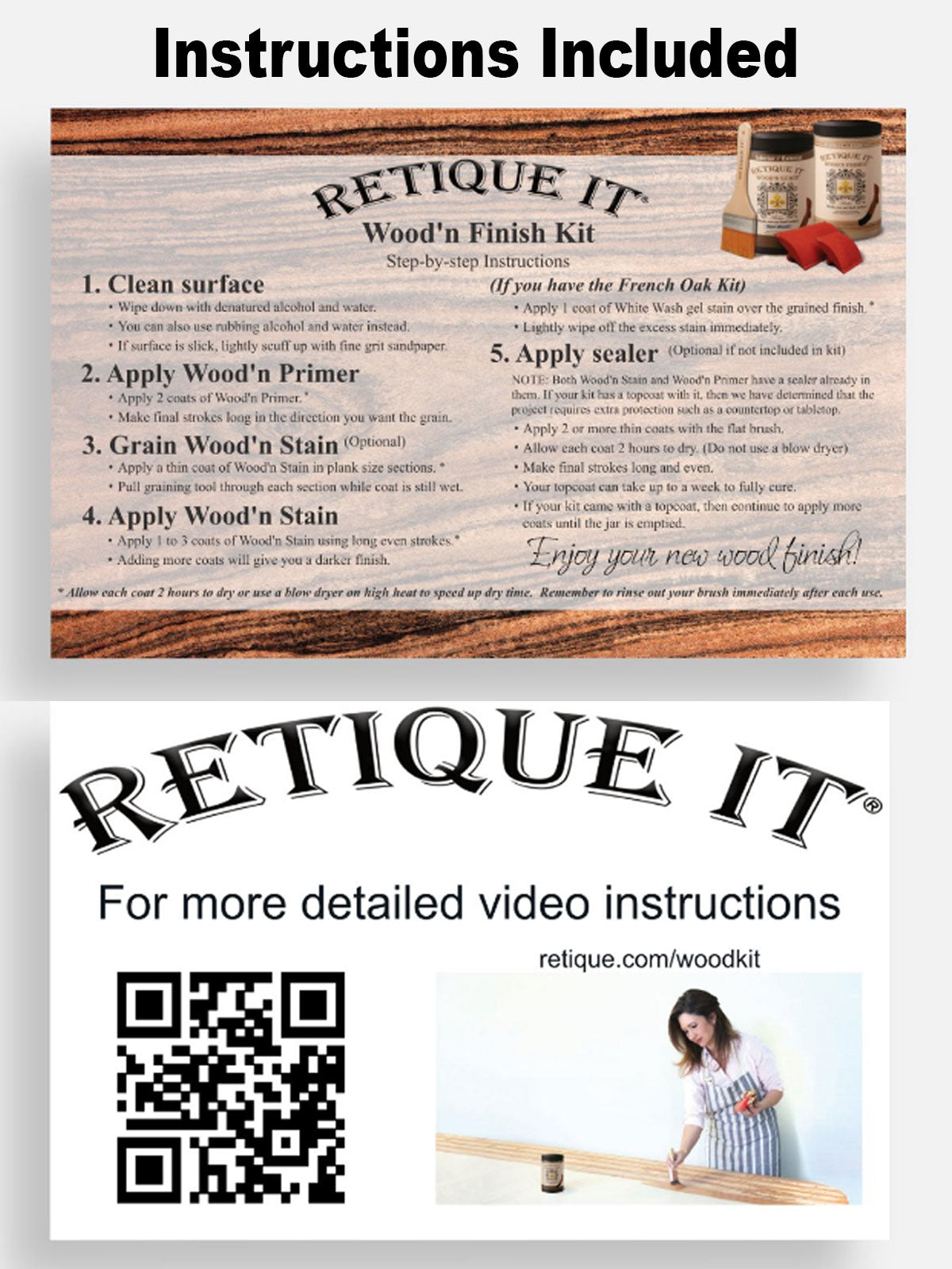 Retique It Fireplace Wood'n Finish Kit in Harbor Gray with application instructions for staining full fireplaces.