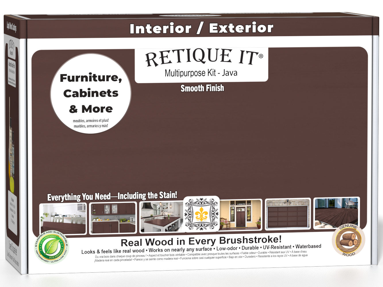 Retique It® Multi-purpose Smooth Finish Kit in Java for interior wood top coat, includes wood finish and application tools.