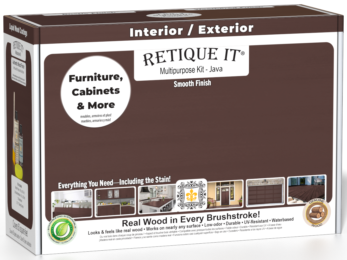 Retique It® Multi-purpose Smooth Finish Kit in Java for interior wood projects, including top coat and application tools.