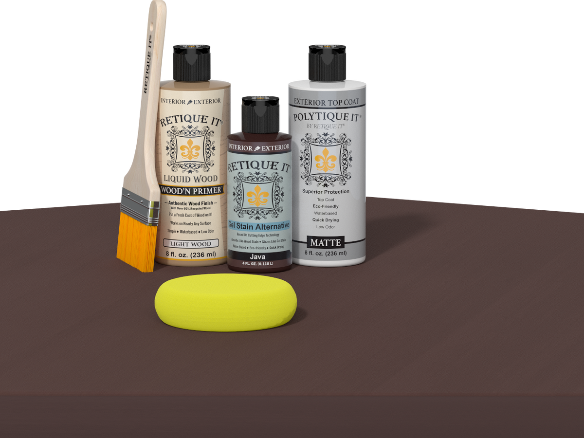 Retique It® Multi-purpose Smooth Finish Kit in Java for wood exterior top coat with satin finish, shown on a table.