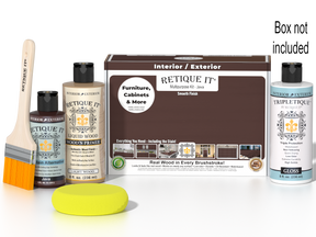 Retique It® wood finish kit in Java with a smooth top coat, including applicator tools for interior wood projects.