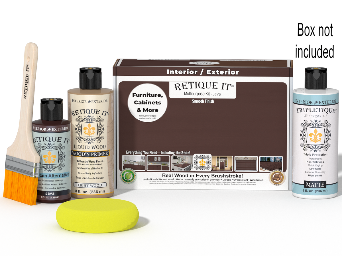 Retique It® Java Multi-purpose Smooth Finish Kit for interior wood projects, includes top coat and application tools.