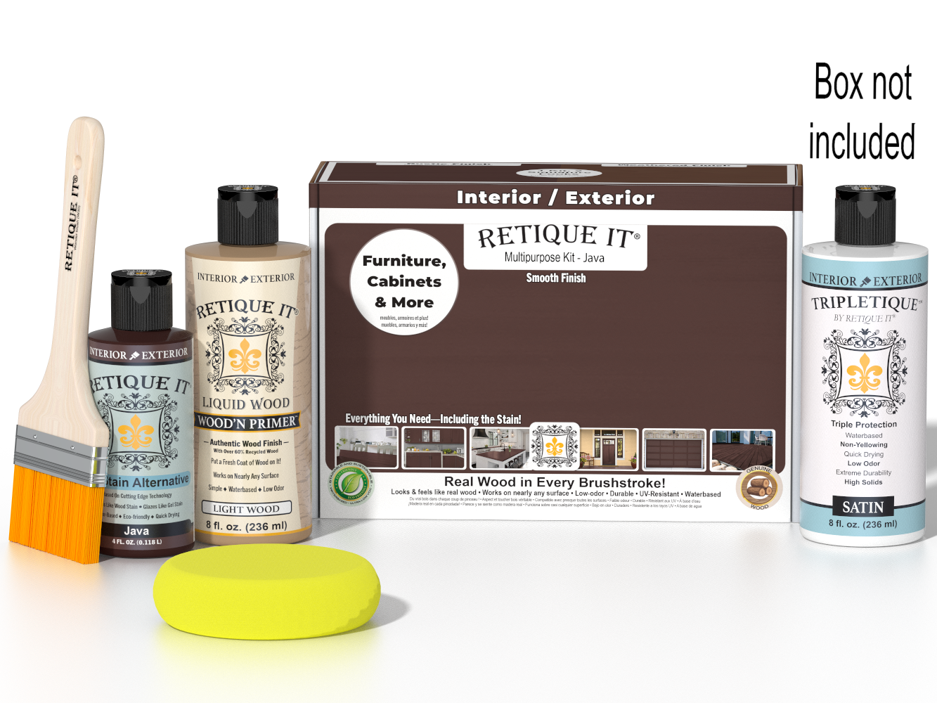 Retique It® Multi-purpose Smooth Finish Kit in Java for interior wood projects, includes top coat and application tools.