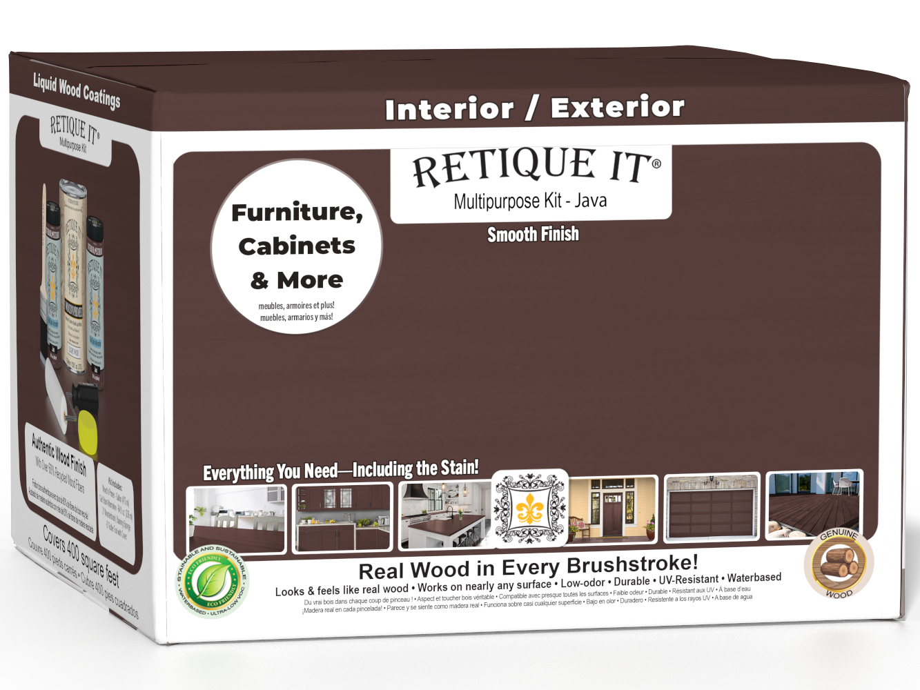 Retique It® Multi-purpose Smooth Finish Kit in Java for exterior wood projects, includes 4 large top coat containers.