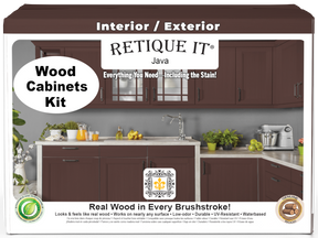 Retique It® Wood'n Cabinet Kit with Java stain, 48-door smooth design, showcasing front view of kitchen cabinets.