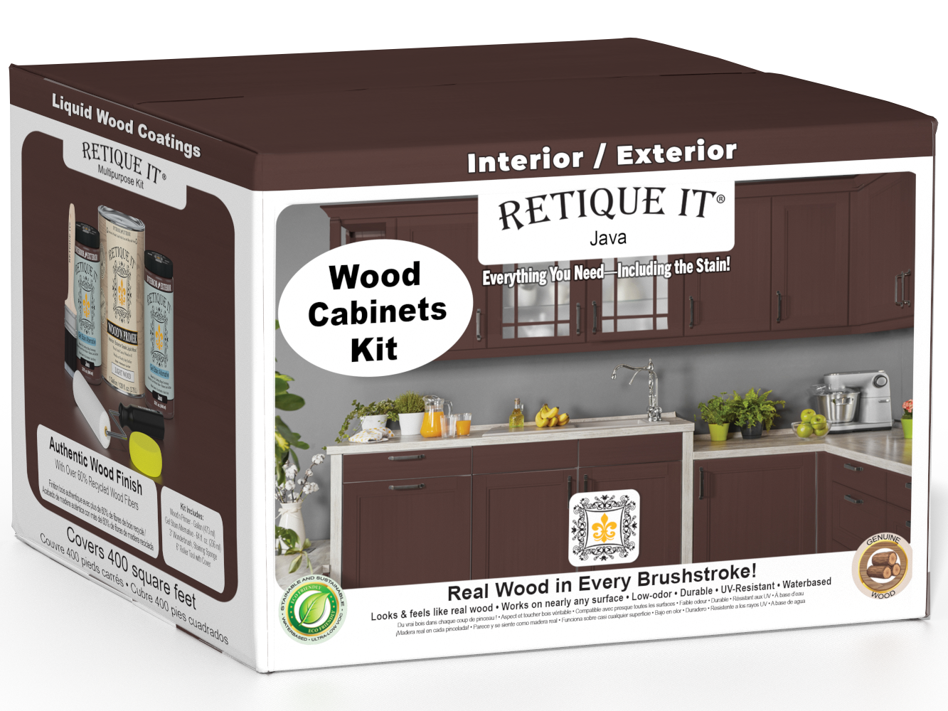 Retique It® Wood'n Cabinet Kit with 48 Java-stained smooth cabinet doors, showcasing a natural wood finish for kitchen or bathroom.