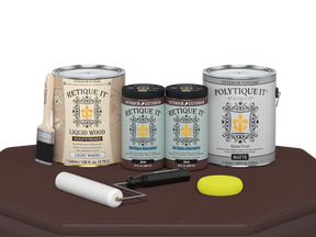 Retique It® Java Multi-purpose Smooth Finish Kit with 4 large exterior top coat bottles on a table, for wood finishing projects.