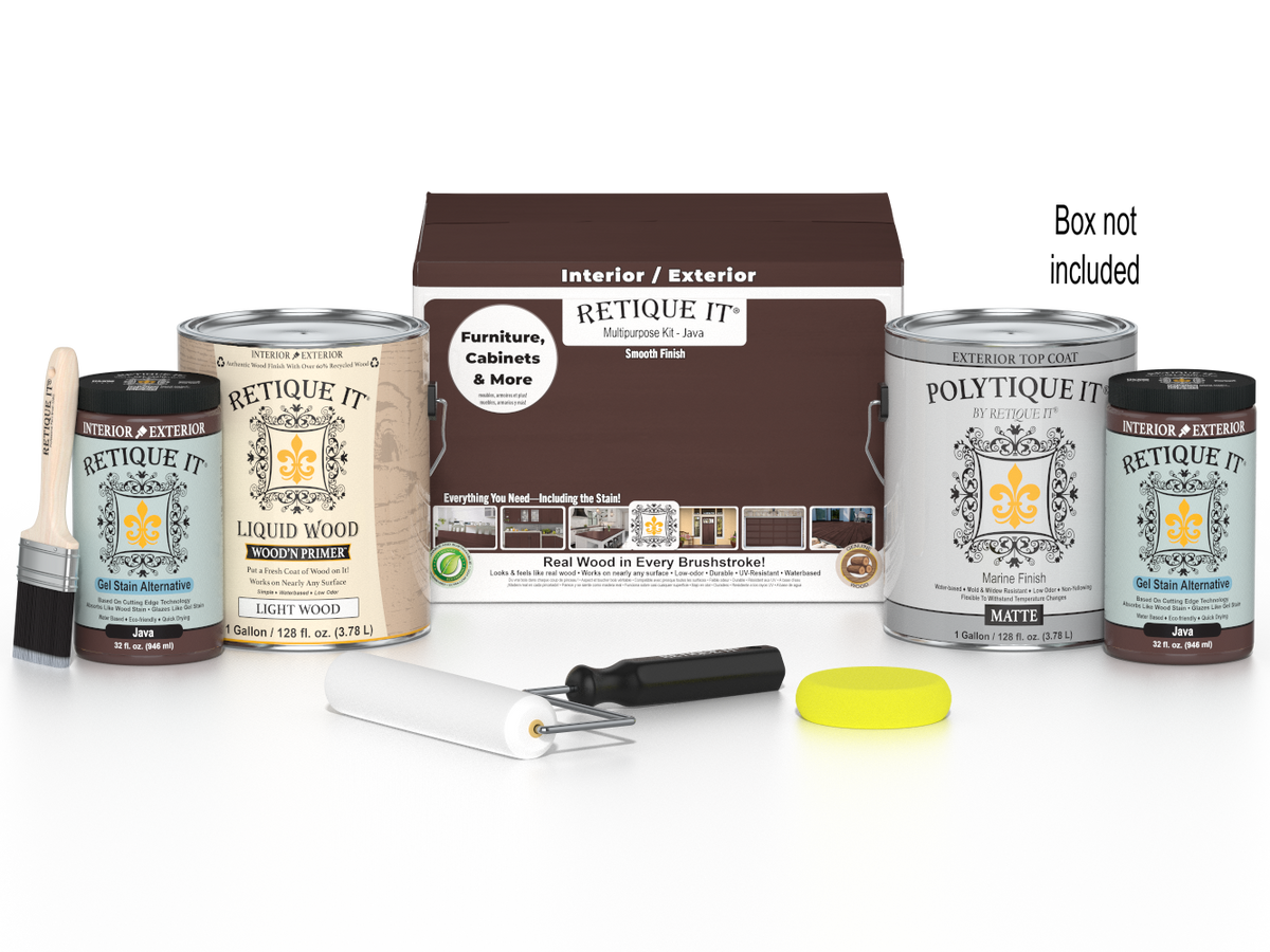 Retique It® Multi-purpose Smooth Finish Kit in Java for exterior wood projects, includes four large top coat bottles and application tools.