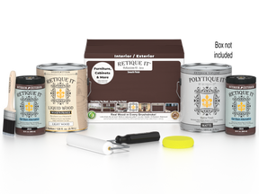 Retique It® Multi-purpose Smooth Finish Kit in Java for exterior wood projects, includes four large top coat bottles and application tools.