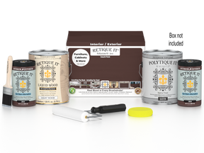 Retique It® Multi-purpose Smooth Finish Kit in Java with four large exterior top coat bottles, ideal for wood finishing projects.