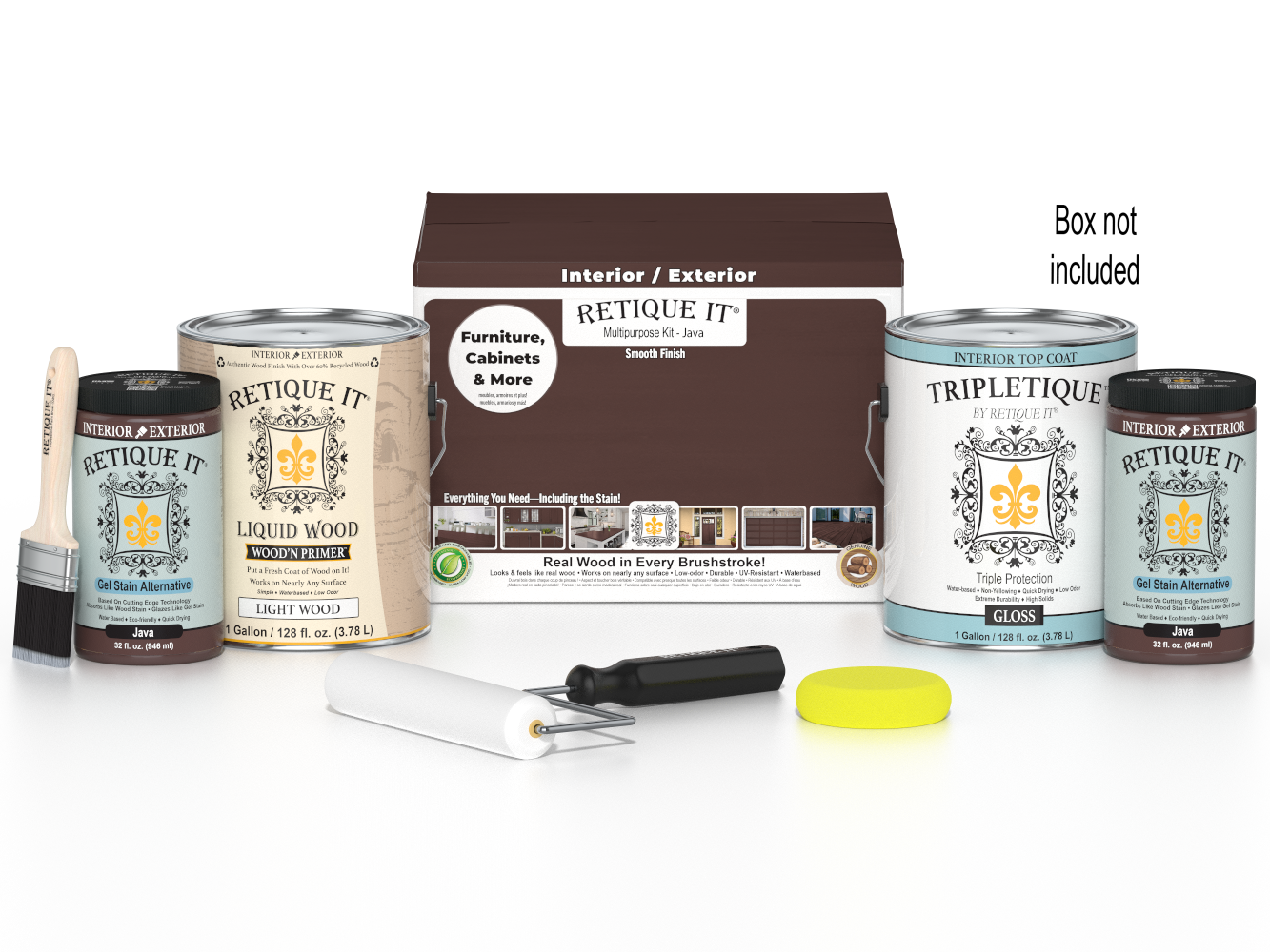 Retique It® Java Multi-purpose Smooth Finish Kit (4x Large) for interior wood projects with top coat in a wood finish box.