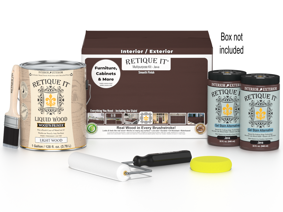 Retique It® Wood'n Finish Kit in Java with four large containers, featuring a smooth finish for multi-purpose wood projects.