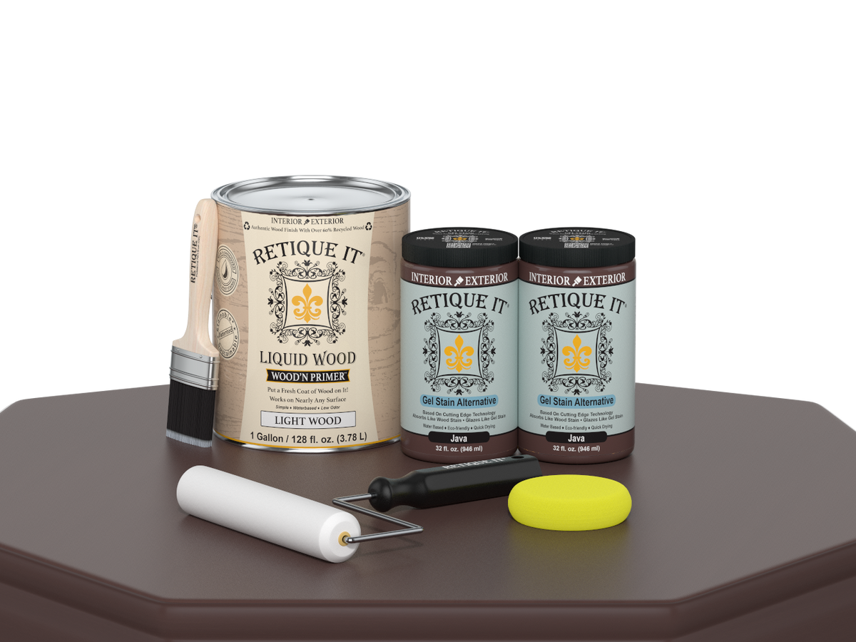 Retique It® Multi-purpose Smooth Finish Kit in Java, 4-piece wood finishing set, with smooth finish products on a table.