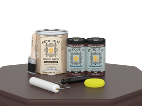 Retique It® Multi-purpose Smooth Finish Kit in Java, 4-piece wood finishing set, with smooth finish products on a table.