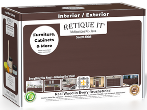 Retique It® wood finish kit in Java with smooth, multi-purpose finish for woodworking projects, shown in the box.
