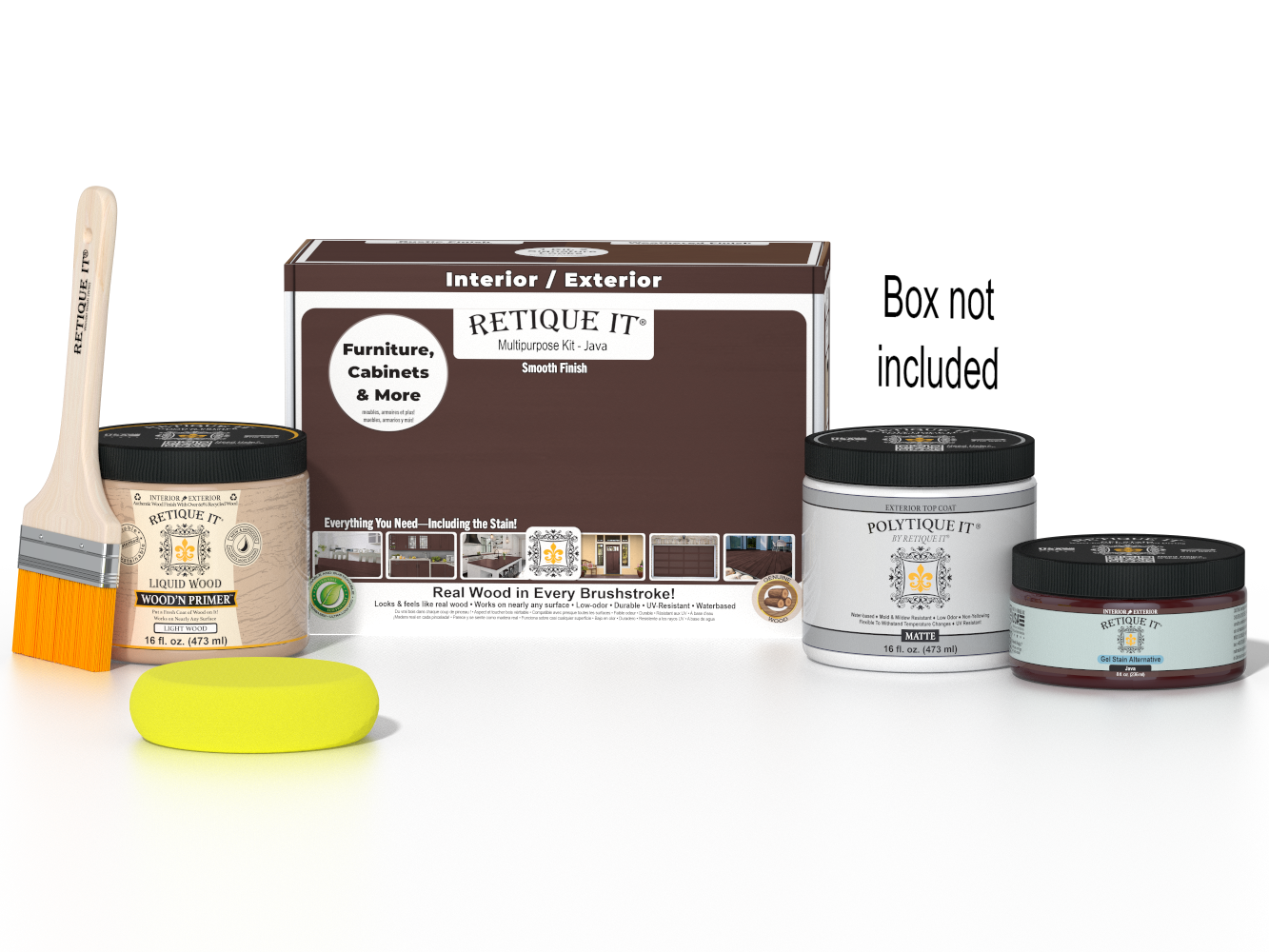 Retique It® Multi-purpose Smooth Finish Kit in Java for exterior wood projects, includes top coat and application tools.