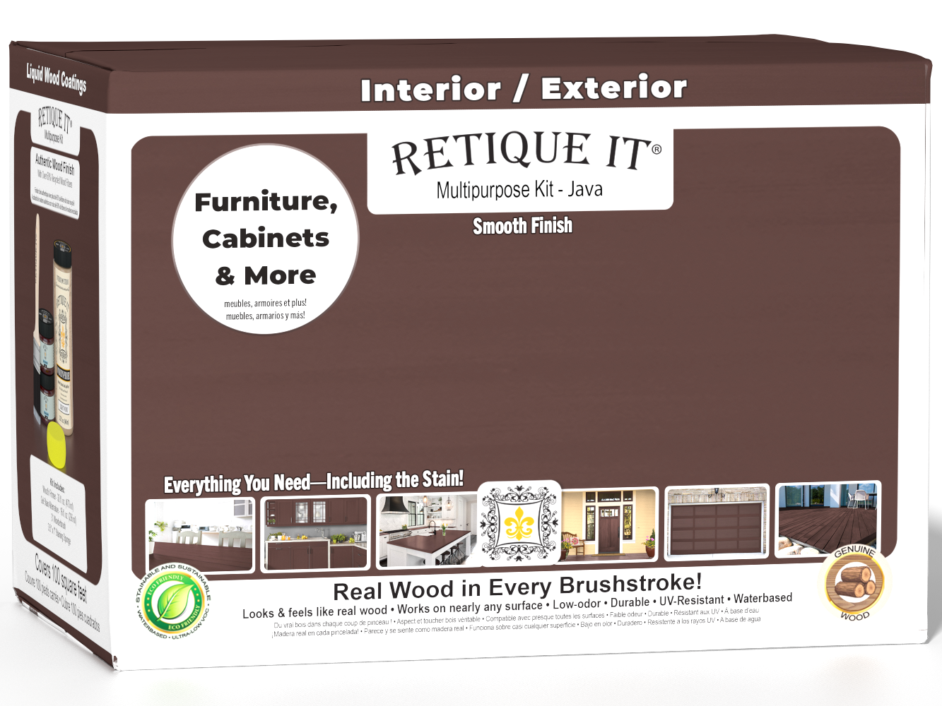 Retique It® Multi-purpose Smooth Finish Kit in Java for wood, includes exterior top coat with a matte finish in a large box.
