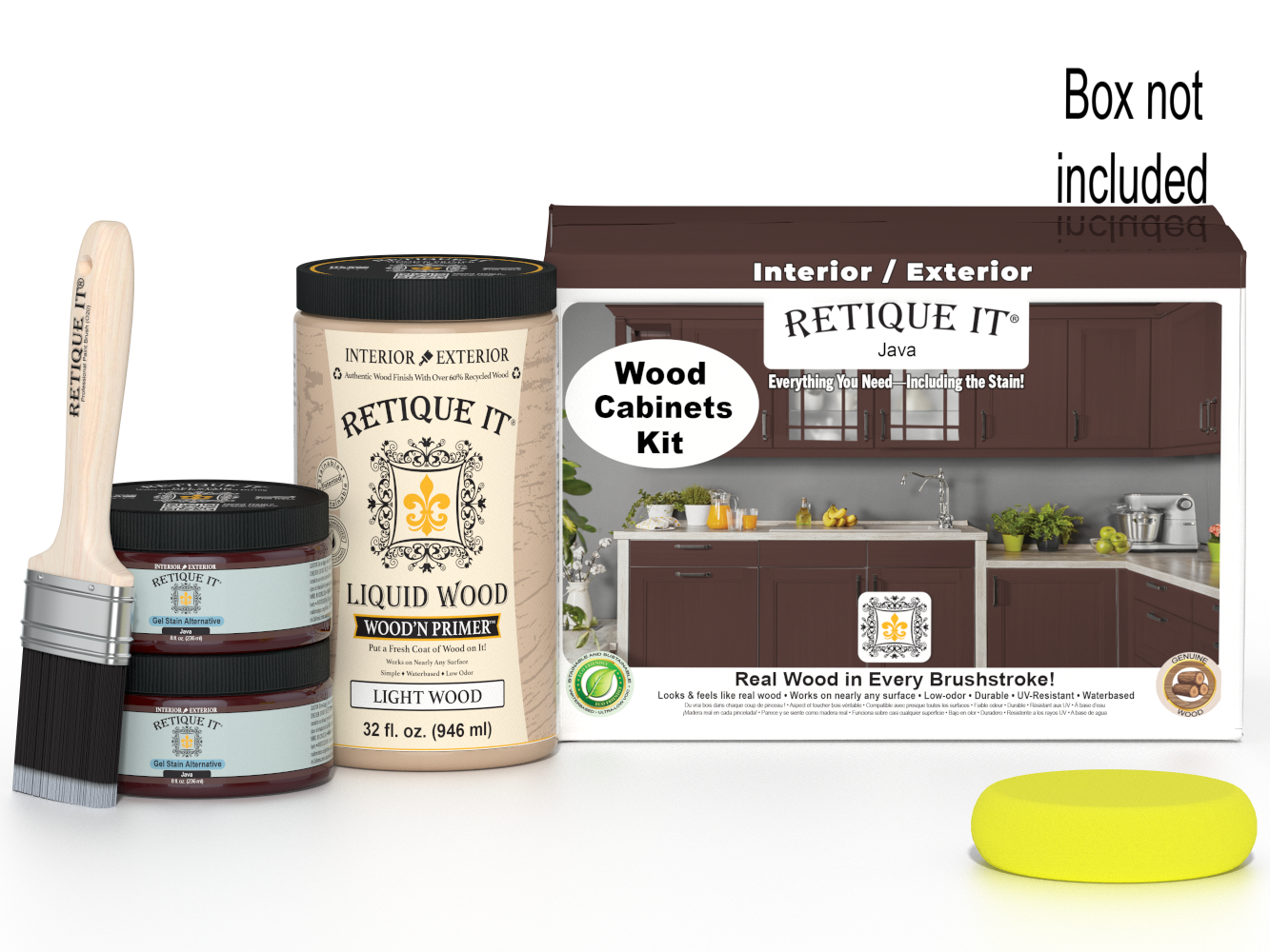 Retique It® Wood'n Cabinet Kit with 12 smooth Java stain cabinet doors, showcasing natural wood finish and sleek design.