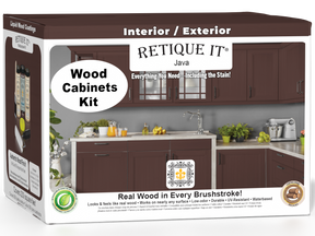 Retique It® Wood'n Cabinet Kit with 24 Java-stained smooth cabinet doors, shown in a 3D box view.
