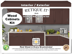 Retique It® Wood'n Cabinet Kit with 24 Java-stained smooth cabinet doors, showcasing natural wood finish and sleek design.