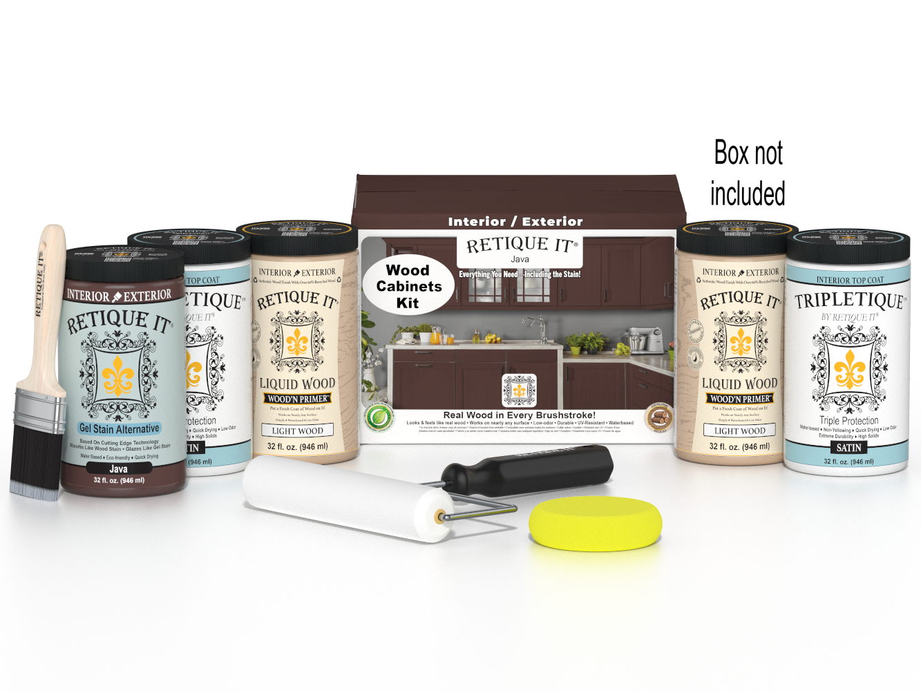 Retique It® Wood'n Cabinet Kit with 24 smooth Java stain doors, showcasing a sleek wood finish for kitchen or bathroom cabinets.