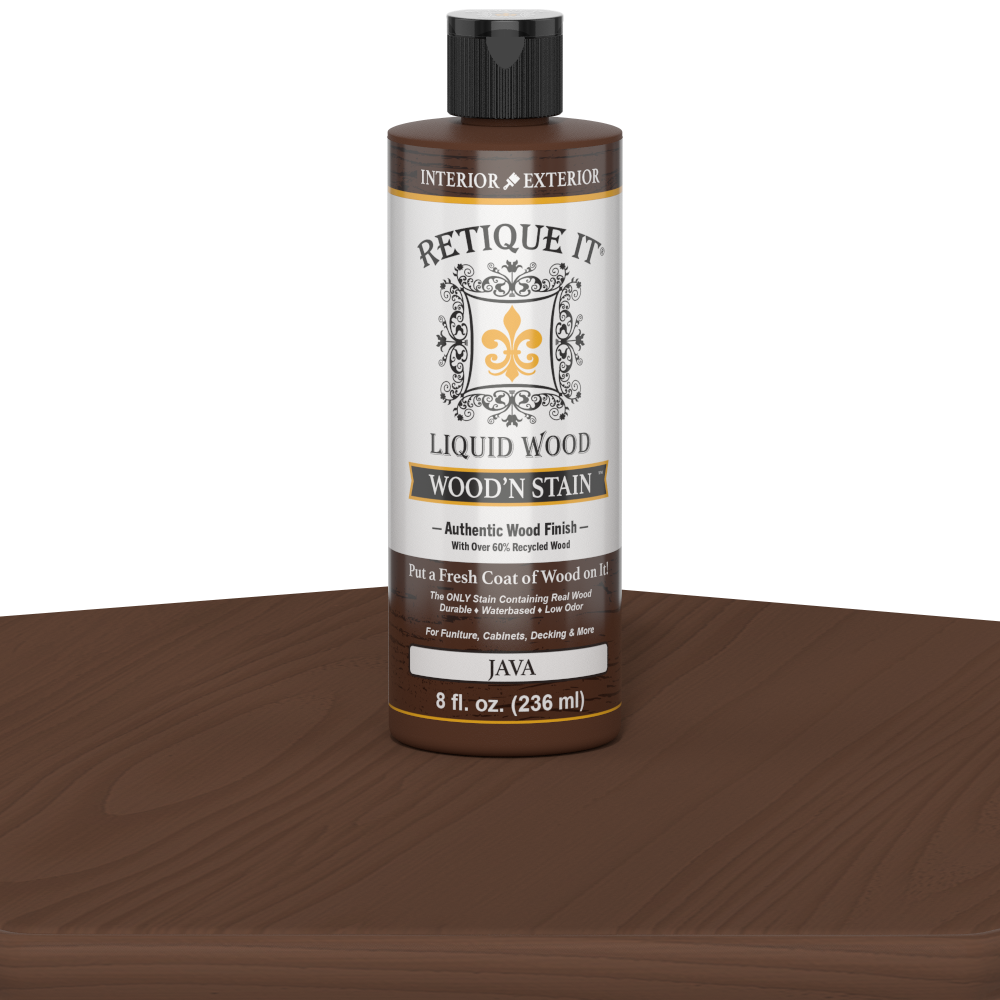 Retique It Liquid Wood Wood'n Stain in Java color, 8 oz bottle, showcasing the rich wood stain product with a natural wood finish.