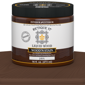 Retique It Liquid Wood Wood'n Stain in Java, 16 oz, showing the rich, dark wood stain color in a container.
